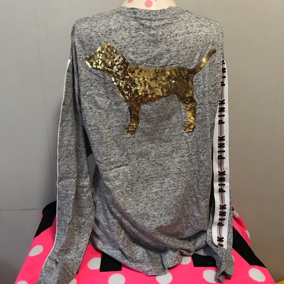 🚨FINAL PRICE💕VS PINK GREY GOLD BLING SIDESTRIPE CAMPUS TEE - Picture 3 of 8